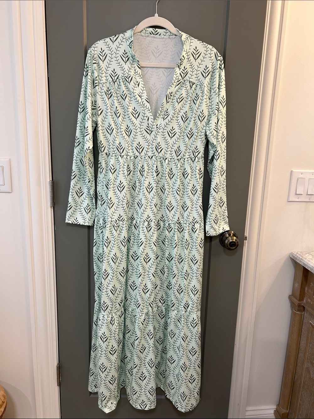 Long Sleeve Mint Green Print Maxi Dress